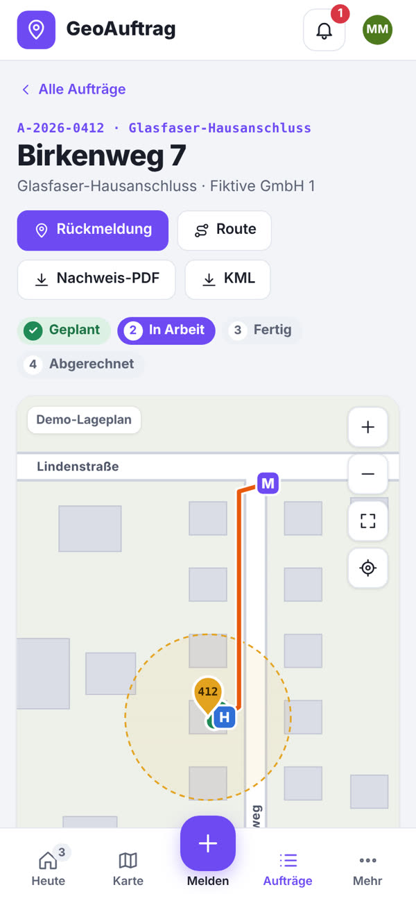 Auftrag mit Lageplan und Trasse